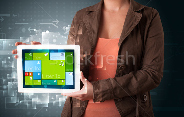 Stockfoto: Dame · tablet · moderne · software · jonge