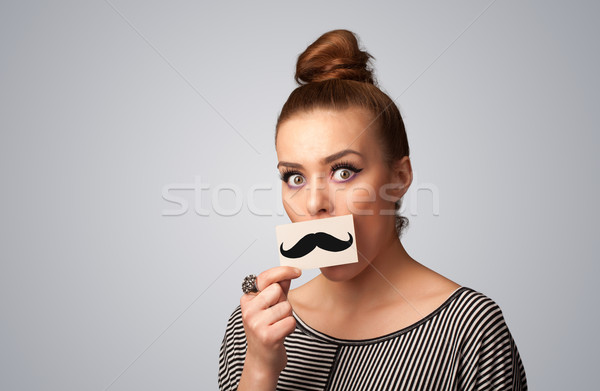 [[stock_photo]]: Heureux · cute · fille · papier · moustache