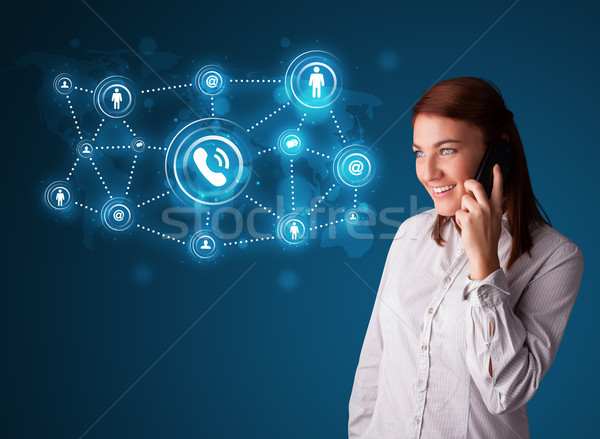Csinos lány készít telefonbeszélgetés közösségi háló ikonok Stock fotó © ra2studio
