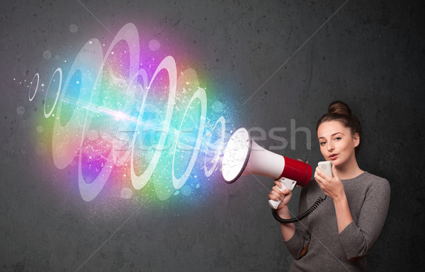 Jong meisje luidspreker kleurrijk energie balk cute Stockfoto © ra2studio