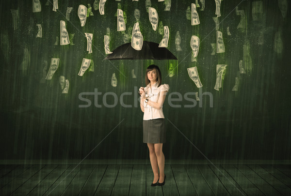 Geschäftsfrau stehen Dach Dollar Rechnung Regen Stock foto © ra2studio