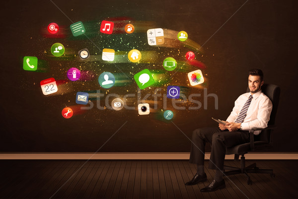 Iş adamı oturma ofis koltuğu tablet renkli uygulaması Stok fotoğraf © ra2studio