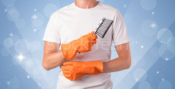 Férfi házvezetőnő kék takarítás felszerlés férfi Stock fotó © ra2studio