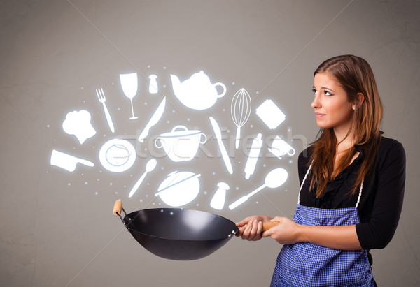 Stockfoto: Jonge · vrouw · keuken · iconen · mooie · jonge