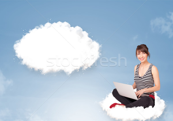 Pretty young girl sitting on cloud and thinking of abstract speech bubble Stock photo © ra2studio