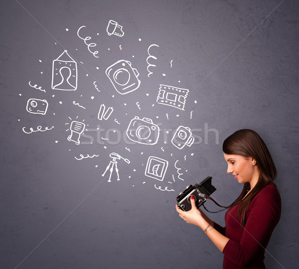 Photographer girl shooting photography icons Stock photo © ra2studio