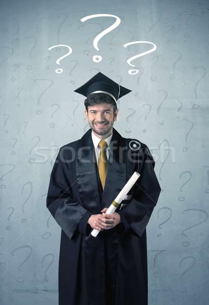 Foto stock: Jovem · pós-graduação · adolescente · pontos · de · interrogação · cabeça