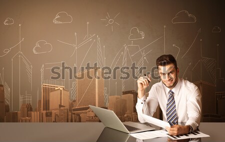 Сток-фото: бизнесмен · зданий · сидят · черный · таблице · бумаги