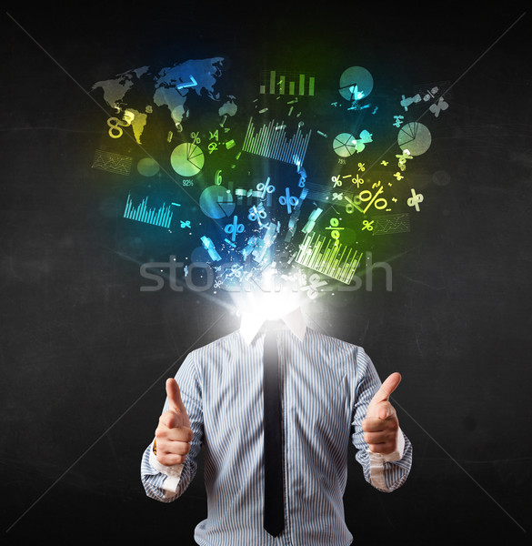 Business man in suit with graph and charts exploding from his bo Stock photo © ra2studio