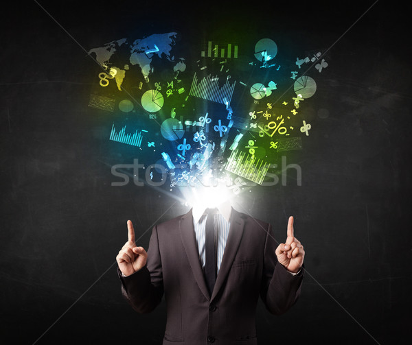 Business man in suit with graph and charts exploding from his bo Stock photo © ra2studio