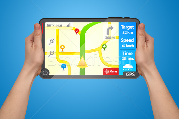 Stock fotó: Férfi · kéz · tart · touchpad · GPS · tabletta