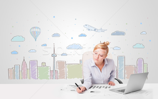 Pretty businesswoman with colorful city sky-scape background Stock photo © ra2studio