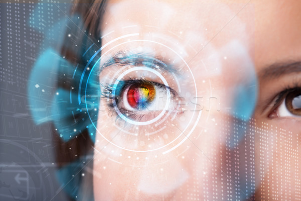 Stock photo: Future woman with cyber technology eye panel concept