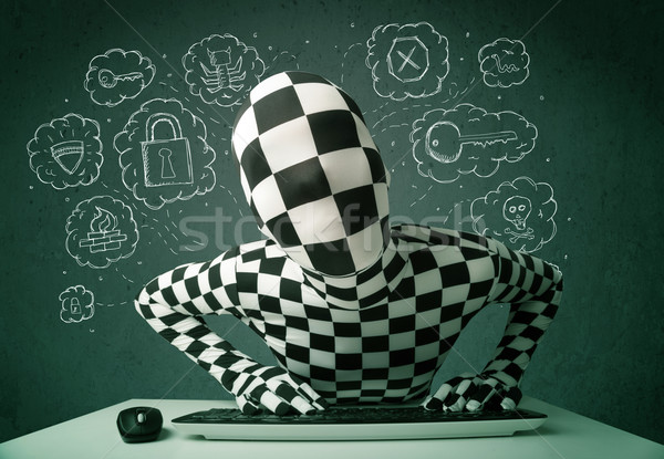 Hacker in mask morphsuit with virus and hacking thoughts Stock photo © ra2studio