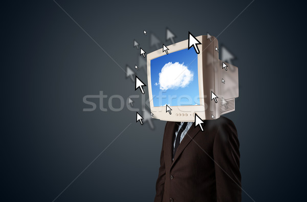 Business man with a monitor on his head, cloud system and pointe Stock photo © ra2studio