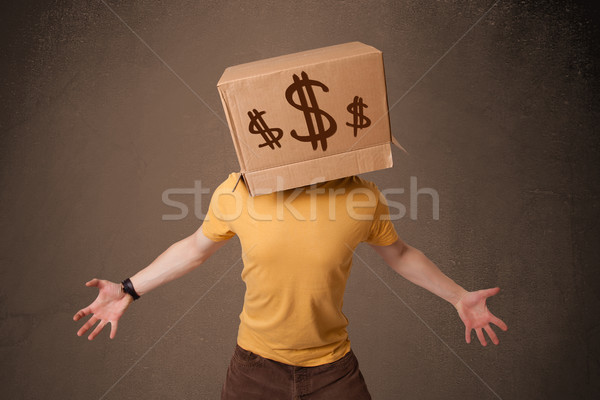 Młody człowiek karton głowie Dolar stałego Zdjęcia stock © ra2studio