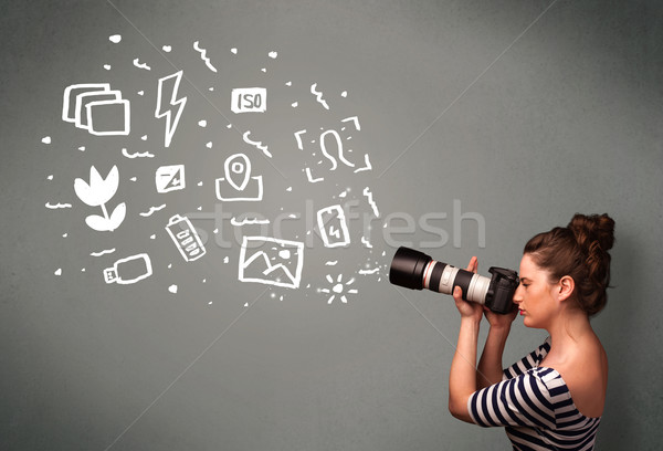 Fotós lány fehér fotózás ikonok szimbólumok Stock fotó © ra2studio