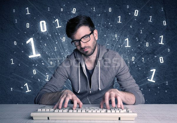 Stock photo: Online intruder geek guy hacking codes