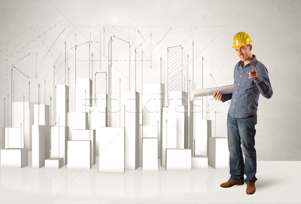 Construction worker planing with 3d buildings in background  Stock photo © ra2studio