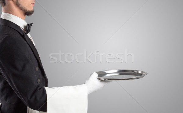 Foto stock: Camarero · blanco · guantes · acero · bandeja