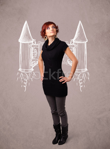 Drăguţ fată jet împacheta rachetă desen Imagine de stoc © ra2studio