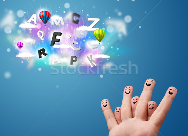 Happy cheerful smiley fingers looking at colorful magical clouds and balloons illustration Stock photo © ra2studio