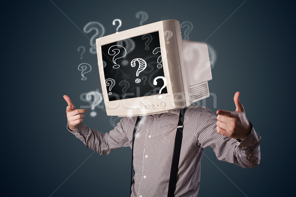 Biznesmen monitor komputerowy głowie znaki zapytania działalności twarz Zdjęcia stock © ra2studio