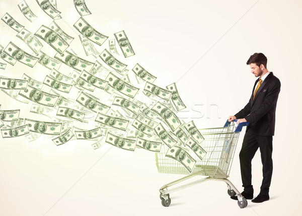 Stock photo: Businessman with shopping cart with dollar bills