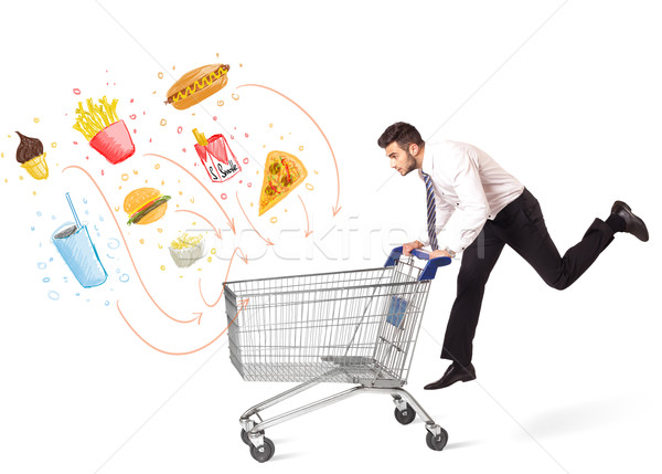 Férfi bevásárlókocsi mérgező egészségtelen étel üzletember toló Stock fotó © ra2studio