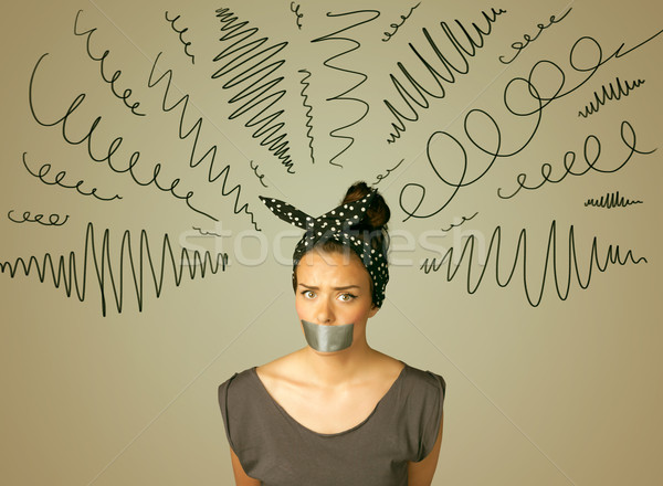 Young woman with glued mouth and curly lines Stock photo © ra2studio