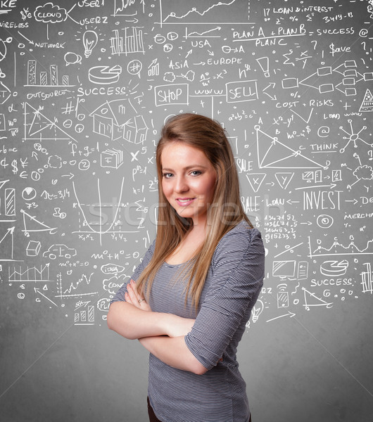 Young pretty lady with hand drawn calculations and icons Stock photo © ra2studio