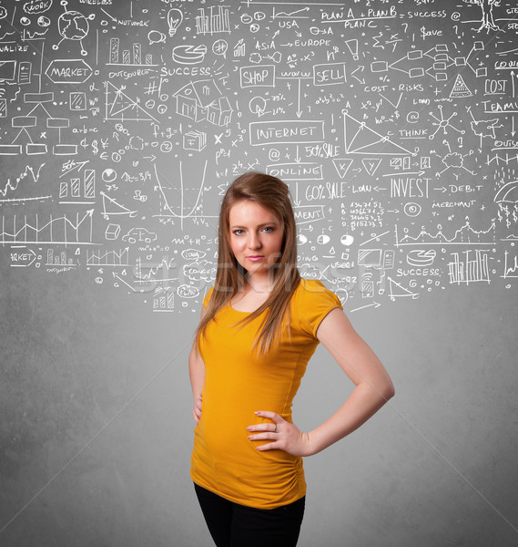 Young pretty lady with hand drawn calculations and icons Stock photo © ra2studio