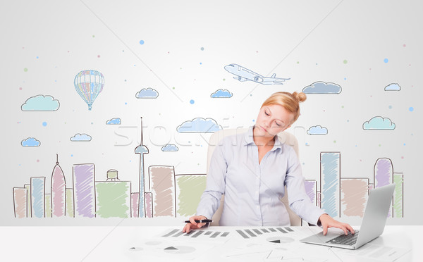 Pretty businesswoman with colorful city sky-scape background Stock photo © ra2studio