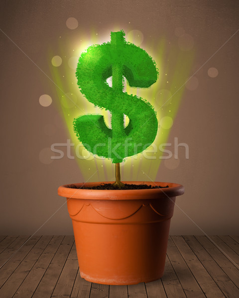 [[stock_photo]]: Signe · du · dollar · arbre · sur · pot · à · fleurs · brillant · affaires