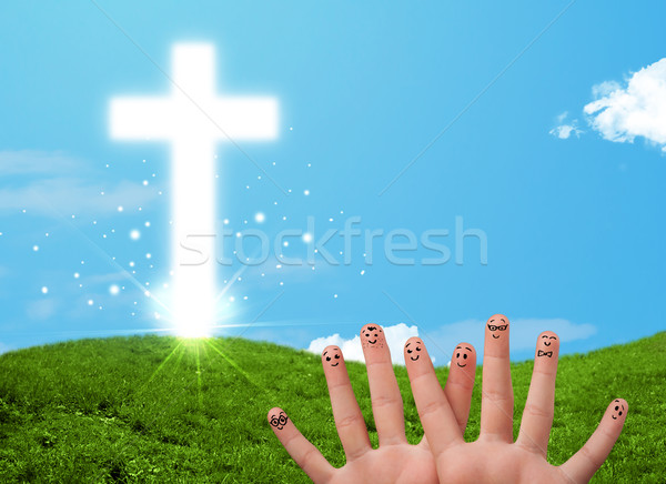 Stock foto: Glücklich · Finger · Smileys · christian · Religion · Kreuz