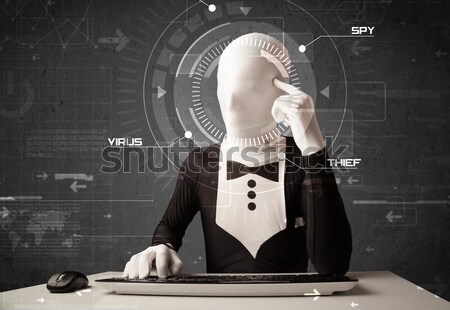 Hacker without identity in futuristic enviroment hacking personal information on tech background Stock photo © ra2studio