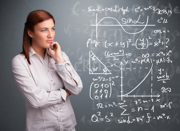 Beautiful school girl thinking about complex mathematical signs Stock photo © ra2studio