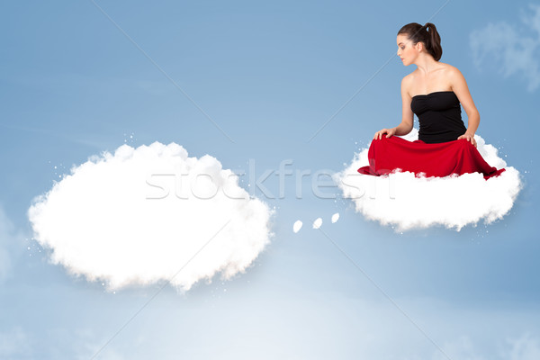 Young girl sitting on cloud and thinking of abstract speech bubb Stock photo © ra2studio