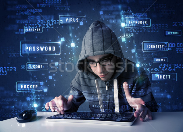 Hacker programing in technology enviroment with cyber icons  Stock photo © ra2studio