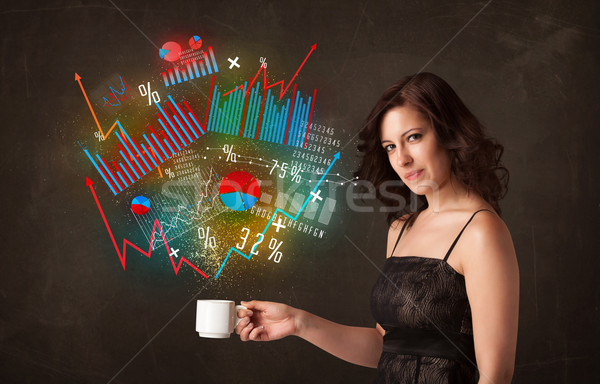 Businesswoman holding a white cup with diagrams and graphs Stock photo © ra2studio