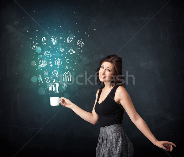 Businesswoman holding a white cup with business icons Stock photo © ra2studio