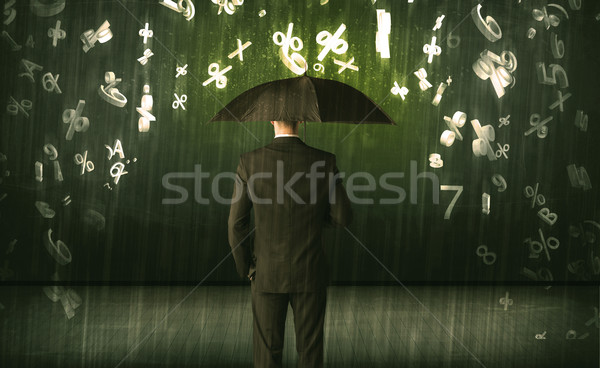 Stock foto: Geschäftsmann · stehen · Dach · 3D · Zahlen · regnet