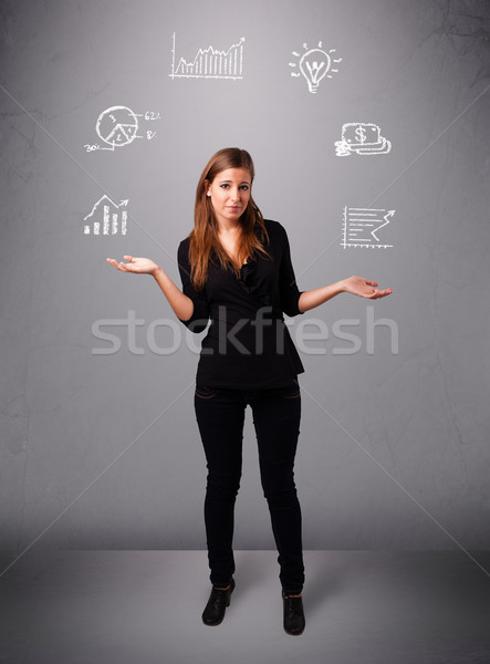 Stockfoto: Mooie · jonge · vrouw · jongleren · statistiek · grafieken · hand