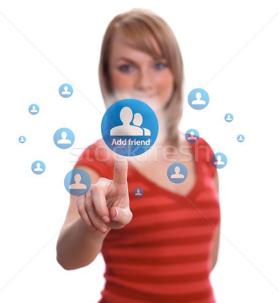 Stock photo: hand pressing add friend button 