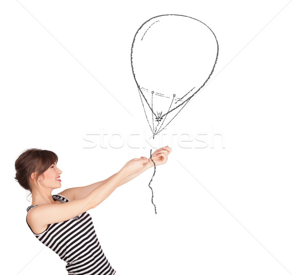 Stockfoto: Mooie · vrouw · ballon · tekening · mooie · jonge · vrouw