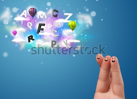 Happy cheerful smiley fingers looking at colorful magical clouds and balloons illustration Stock photo © ra2studio