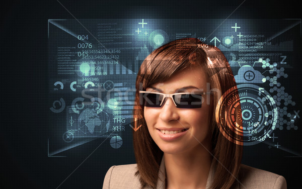 Fiatal nő néz futurisztikus okos magas tech Stock fotó © ra2studio