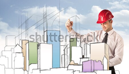 Bouwvakker planning stad zicht jonge Rood Stockfoto © ra2studio