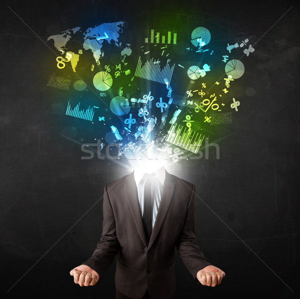 Business man in suit with graph and charts exploding from his bo Stock photo © ra2studio
