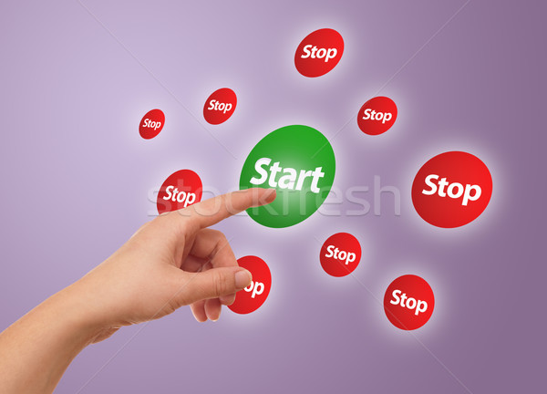 Stockfoto: Hand · start · knop · vrouw · technologie